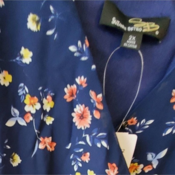 Blue Floral Flutter Sleeve Faux Wrap Dress Plus 2X - Picture 8 of 8